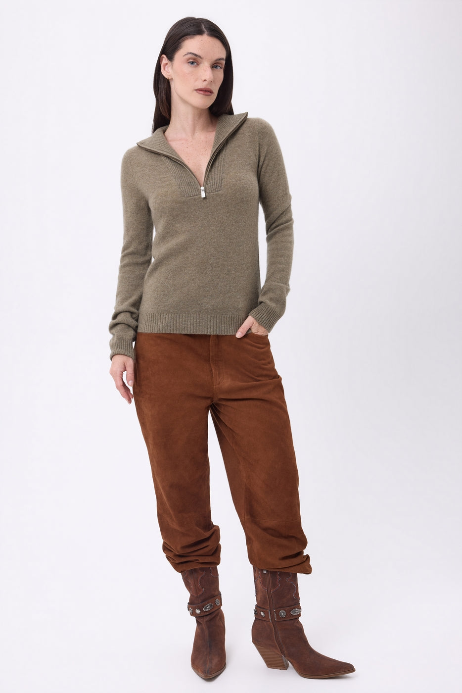 Pull Col Camioneur Zip Emy - Khaki Chine - Femme