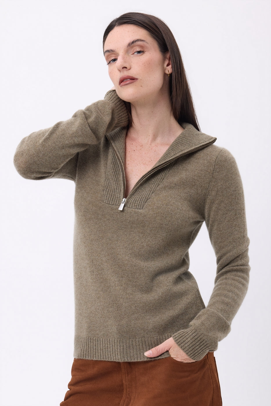 Pull Col Camioneur Zip Emy - Khaki Chine - Femme