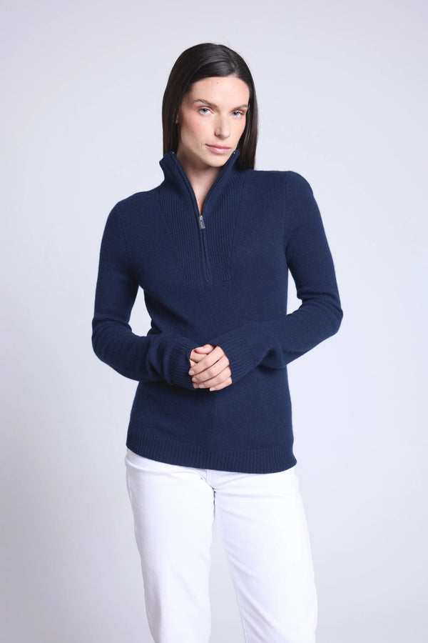 Sweter damski ze stójką na zamek Emy - Granatowy - 100% Kaszmir