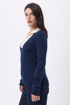 Jersey de cuello camionero con cremallera Emy - Azul marino blanco - Mujer