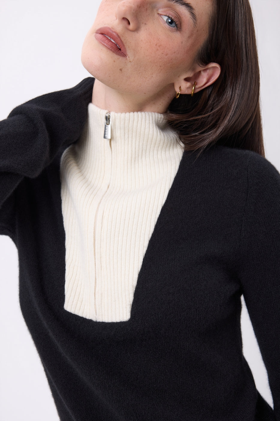Jersey de cuello camionero con cremallera Emy - Azul marino blanco - Mujer