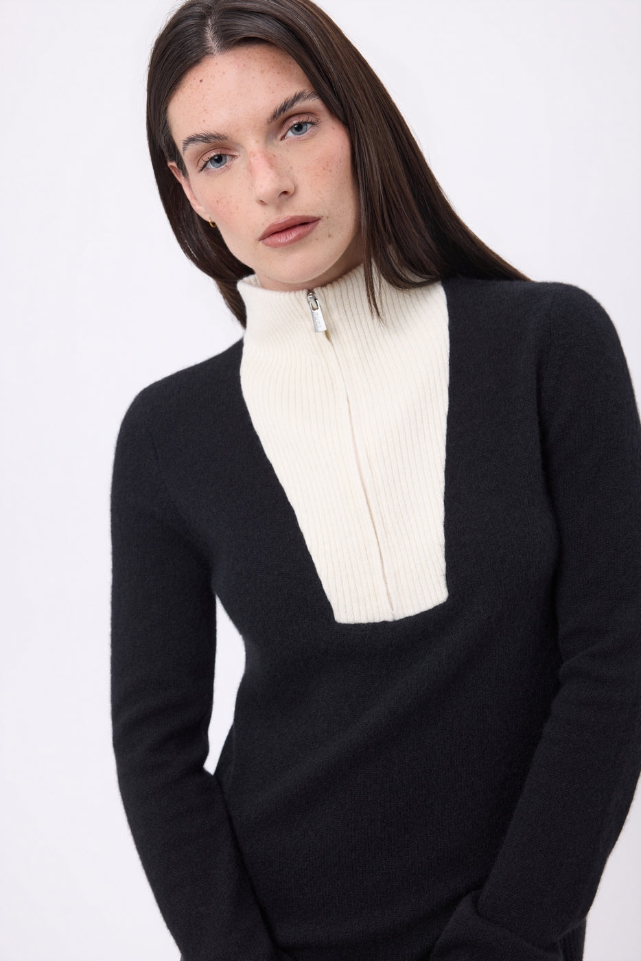 Jersey de cuello camionero con cremallera Emy - Azul marino blanco - Mujer