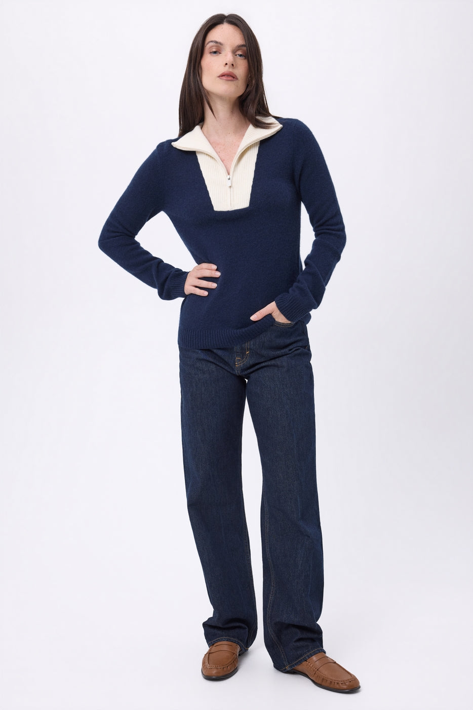 Jersey de cuello camionero con cremallera Emy - Azul marino blanco - Mujer