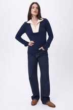 Jersey de cuello camionero con cremallera Emy - Azul marino blanco - Mujer