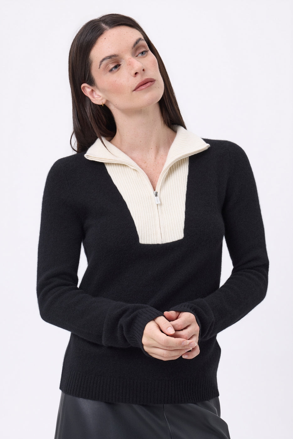Jersey de cuello camionero con cremallera Emy - Azul marino blanco - Mujer