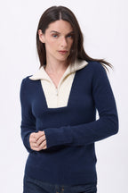 Jersey de cuello camionero con cremallera Emy - Azul marino blanco - Mujer
