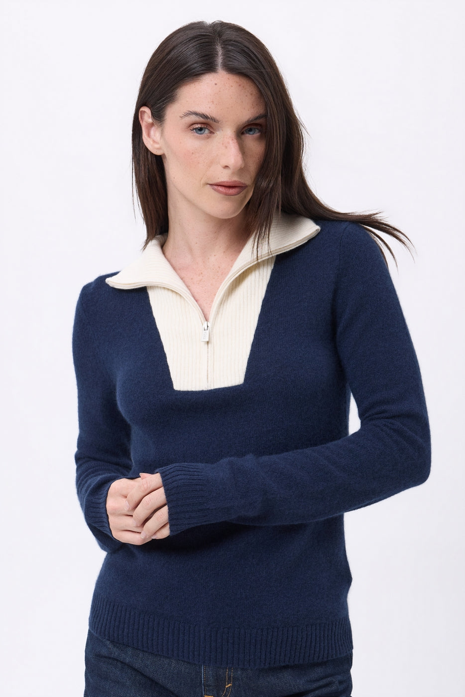 Jersey de cuello camionero con cremallera Emy - Azul marino blanco - Mujer