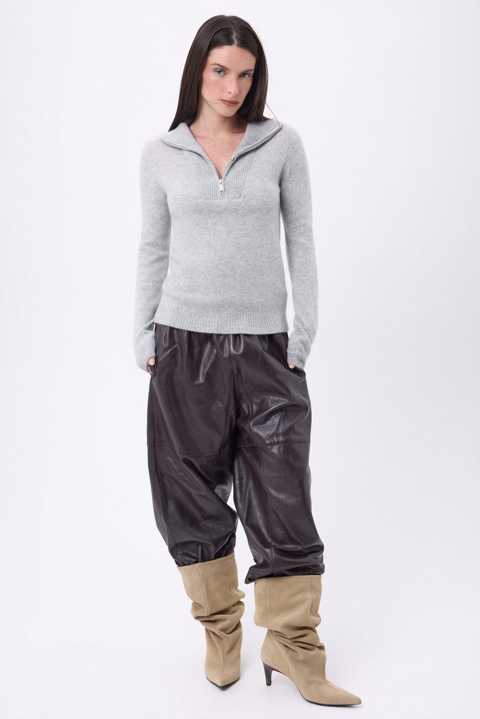Pull Col Camioneur Zip Emy - Gris Clair - Femme