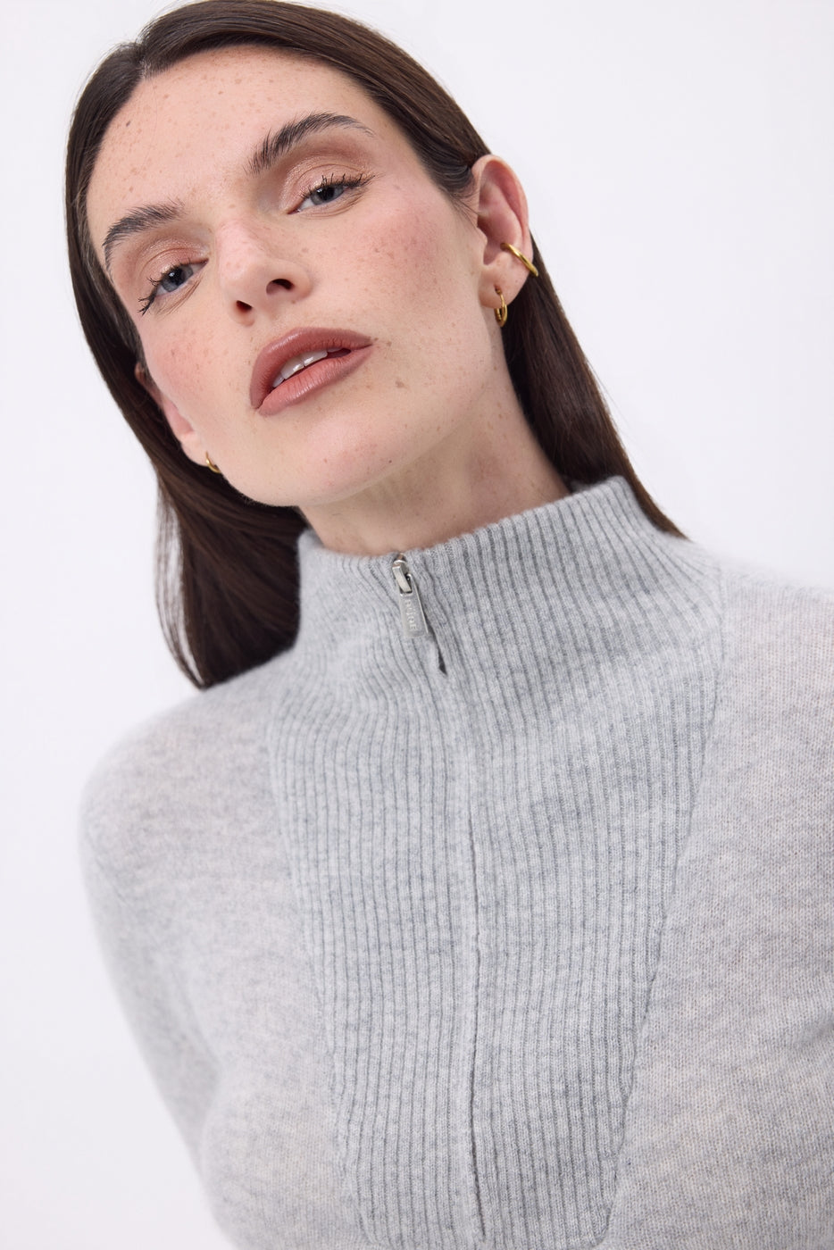 Pull Col Camioneur Zip Emy - Gris Clair - Femme