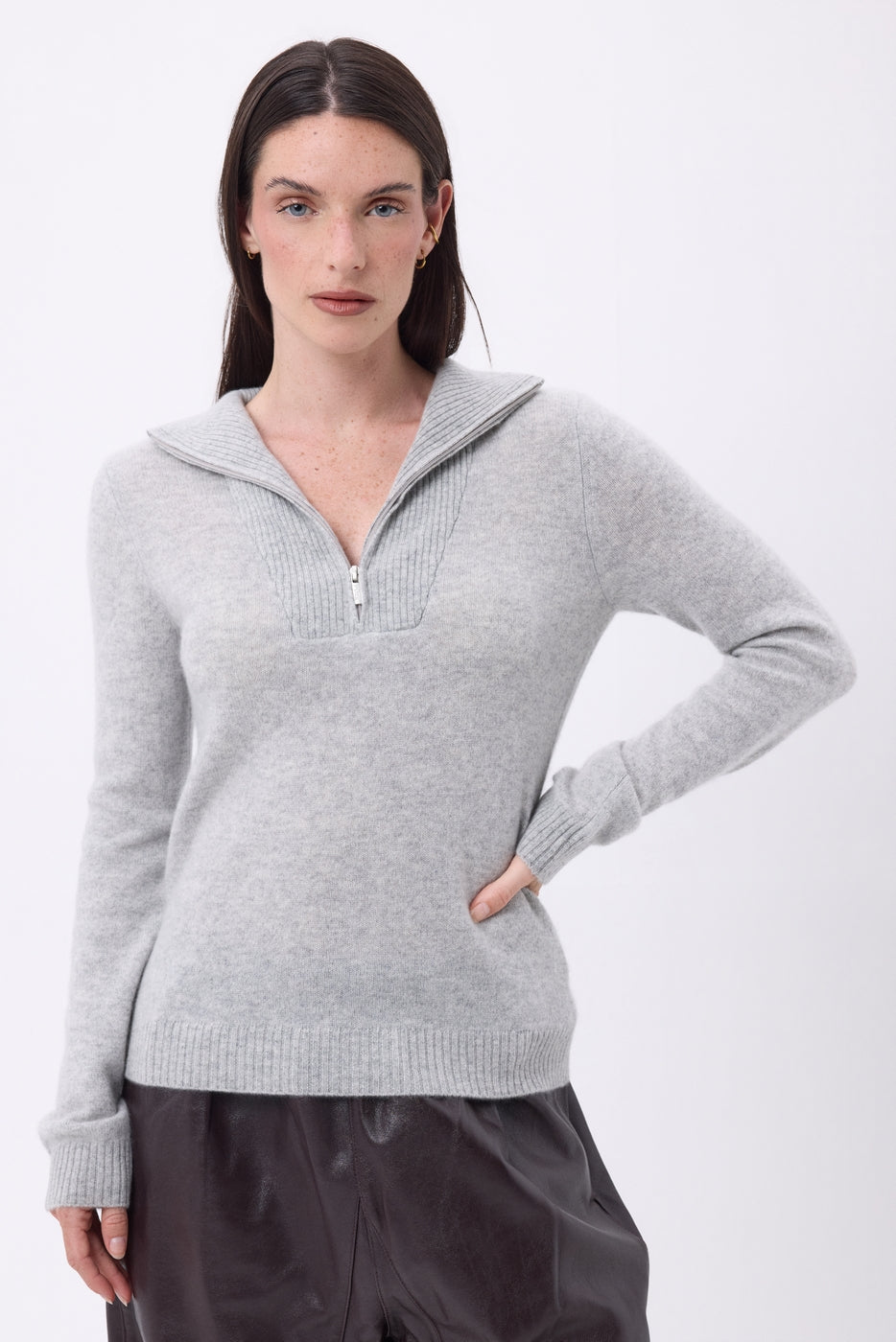 Pull Col Camioneur Zip Emy - Gris Clair - Femme