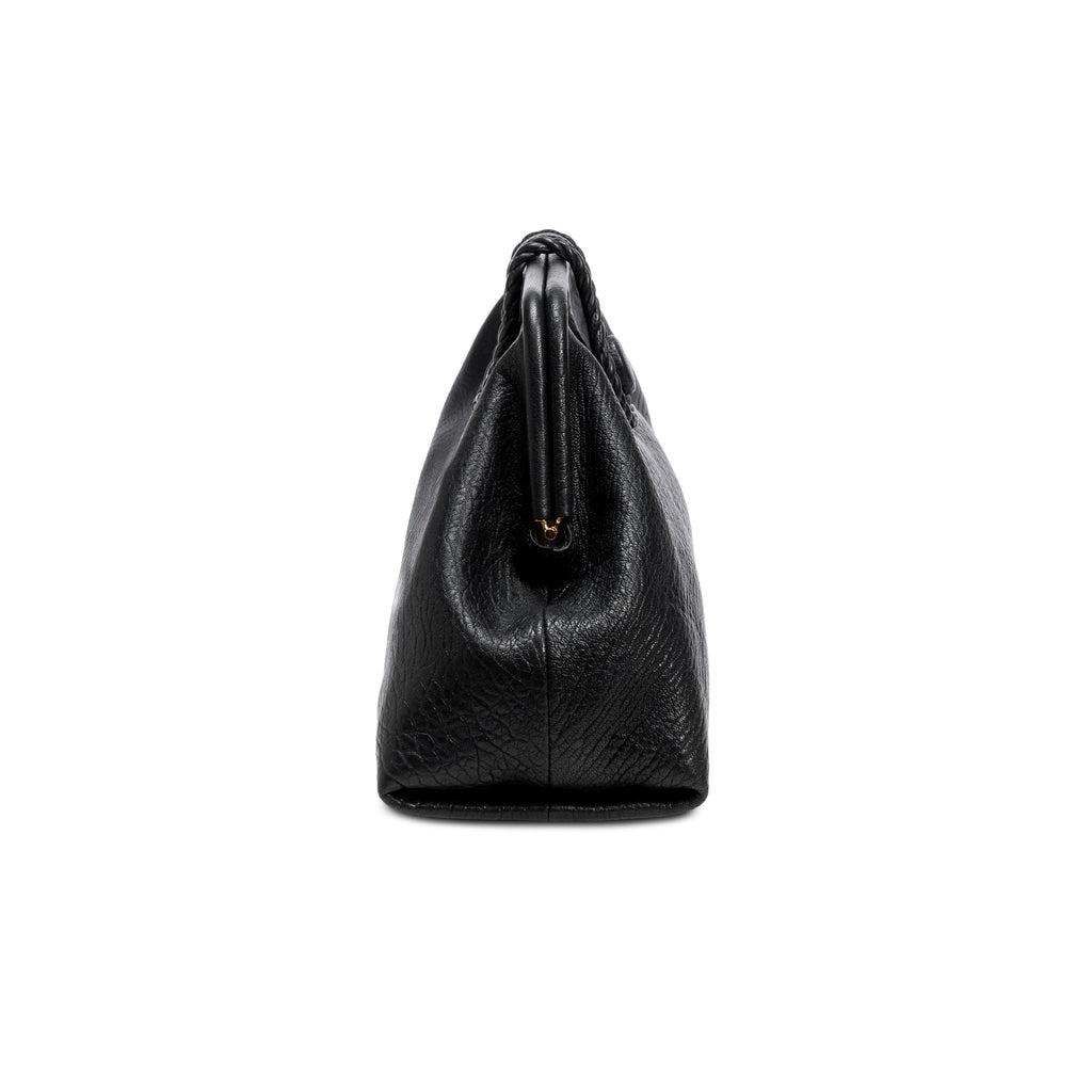 Black leather handbag with a rope closure on a white background