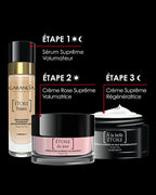 Laboratorio Antiedad y Antiarrugas Garancia [ ESTRELLA del día ] - Eco-Recarga: Infografía que presenta la rutina de cuidado de la piel de Garancia en 3 pasos sobre fondo negro. Paso 1 (día y noche): Polar Star Supreme Voluminizing Serum. Paso 2 (día): Étoile du Jour Crema Voluminizadora Suprema de Rosas. Paso 3 (noche): Crema Regeneradora Suprema À la belle Étoile. Los productos están ilustrados por sus respectivas botellas y tarros.