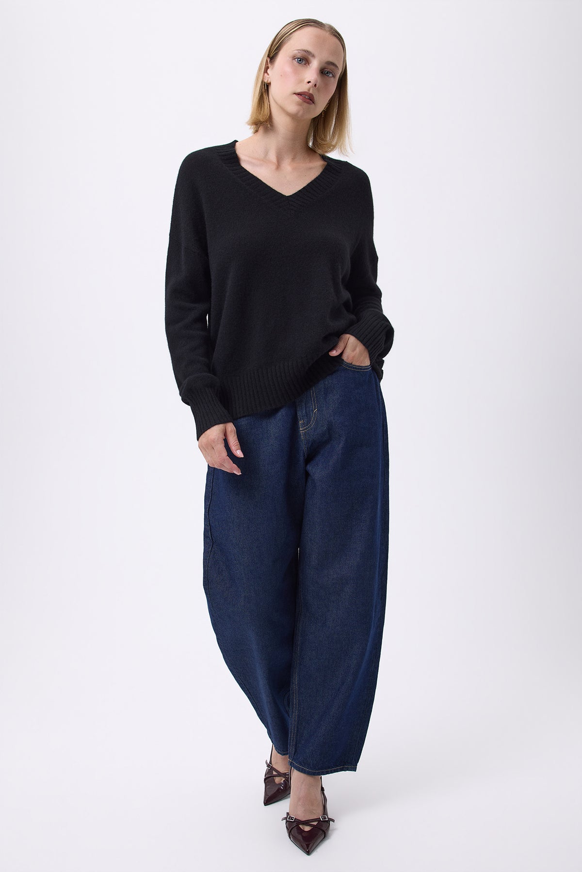 Oversized trui V-hals grof rib F Everyday - Zwart - Dames