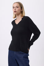Oversized trui V-hals grof rib F Everyday - Zwart - Dames