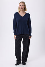 Maglione Oversize Collo a V a Coste Larghe Everyday - Blu Marino - Donna