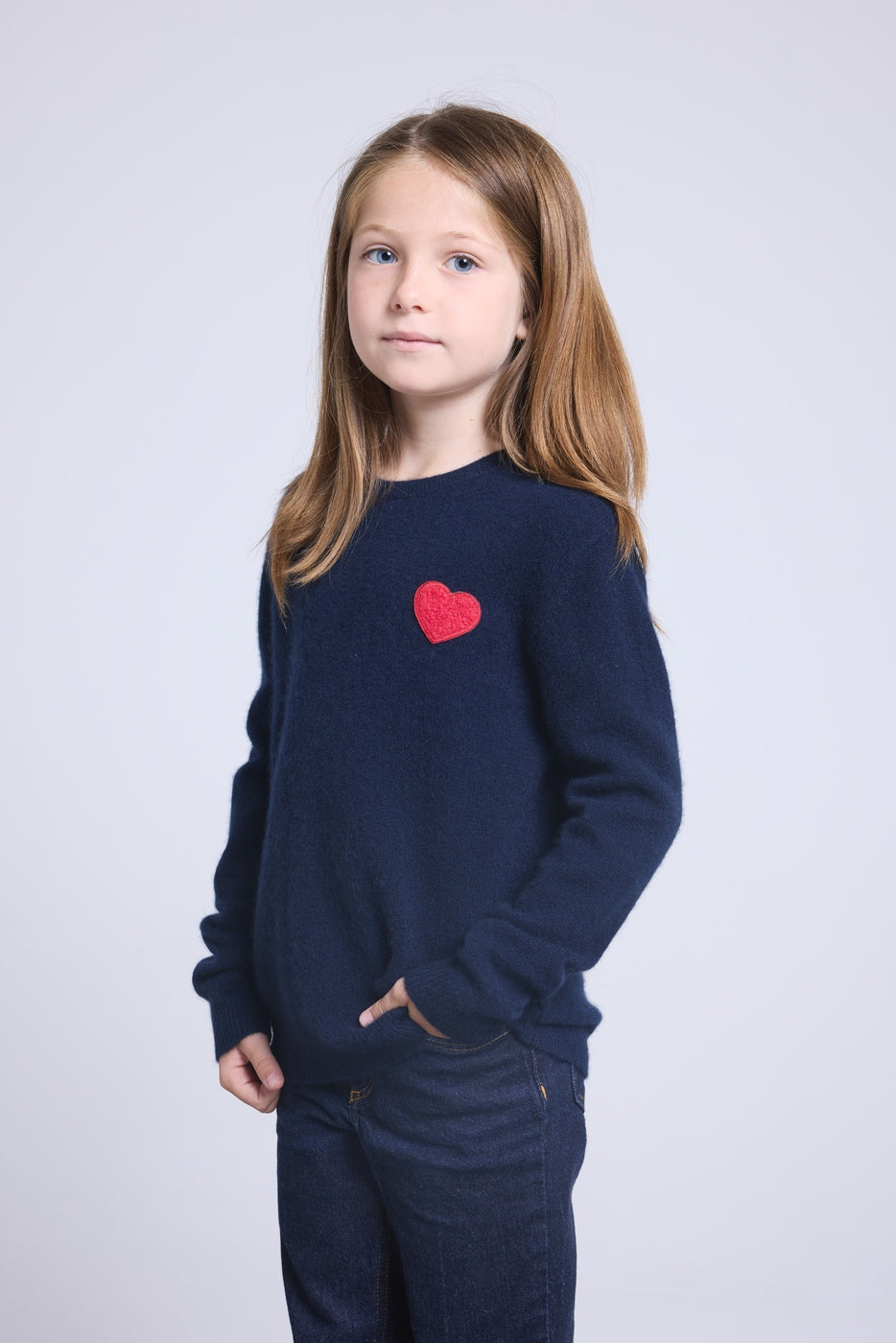 Jersey de cuello redondo con corazón y pompón Evy - Azul marino rojo - Infantil