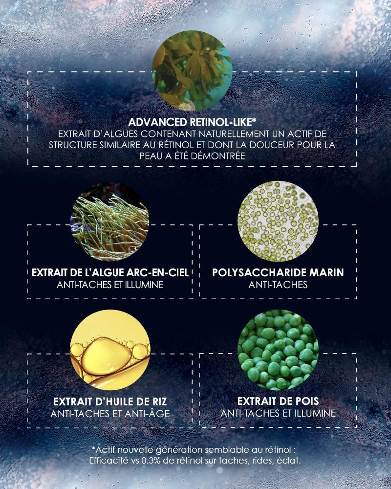 The 5 key active ingredients of Garancia Éclair de Lune La Foudroyante: Advanced Retinol-like, rainbow algae extract, marine polysaccharide, rice oil and pea extract for anti-dark spots and anti-aging action.