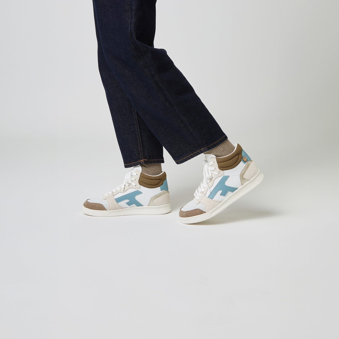 White & Light Brown Hazel Mid Trainers - Women's