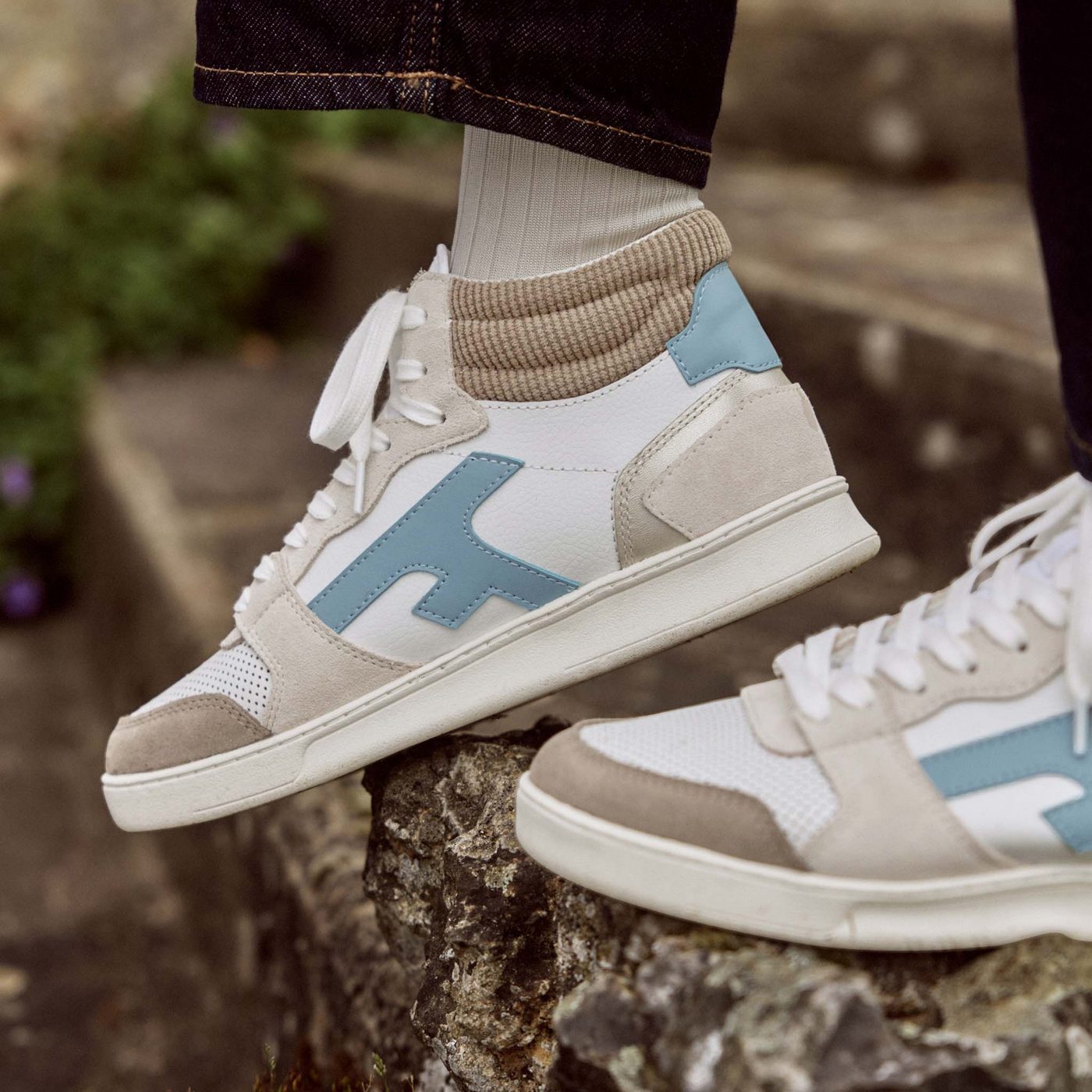 White & Light Brown Hazel Mid Trainers - Women's