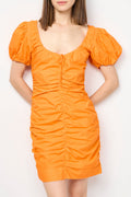 Ganni - Mini-Robe Froncée À Col En U En Popeline De Coton - Vibrant Orange