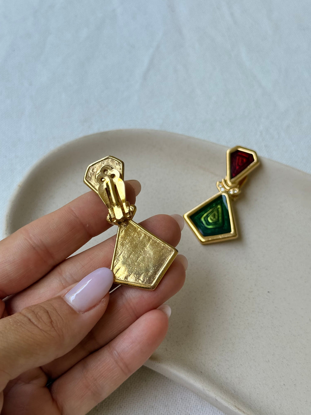 Boucles D’Oreilles Vintage - Émaillées Rouges Et Verts