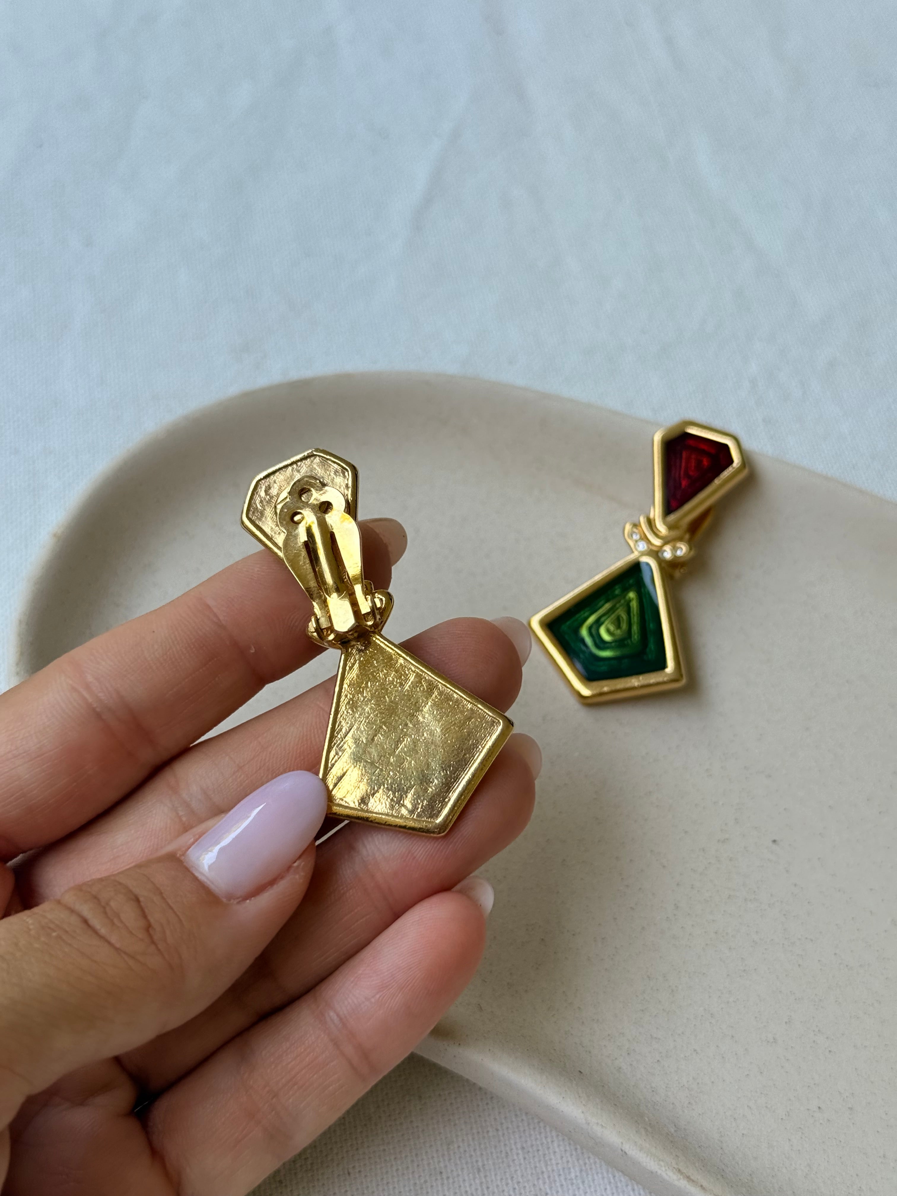 Boucles D’Oreilles Vintage - Émaillées Rouges Et Verts