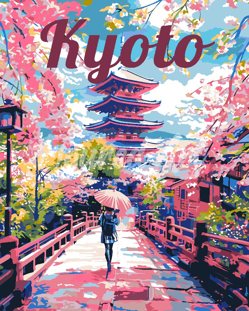 Pintura por números - Póster de viaje Kyoto en flor