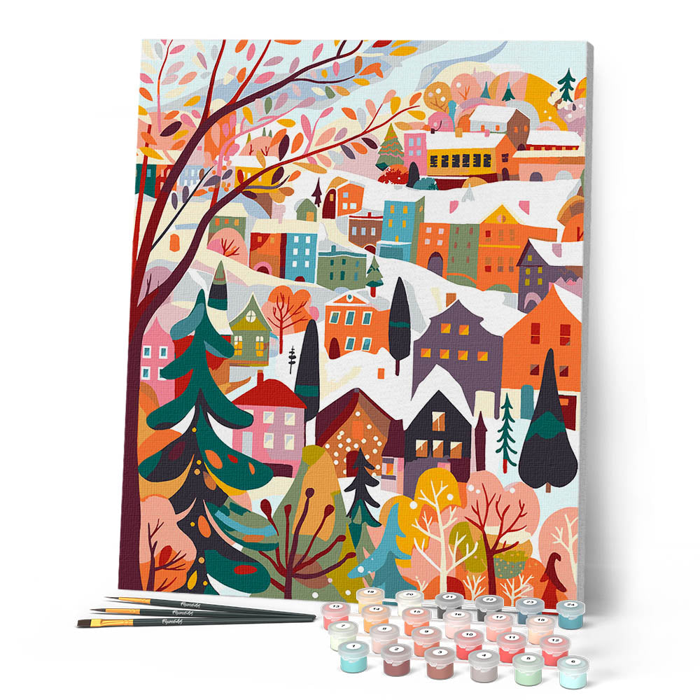Pintura por números - Pueblo invernal colorido