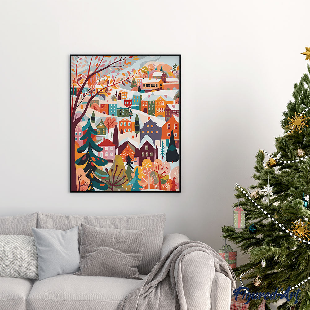 Pintura por números - Pueblo invernal colorido