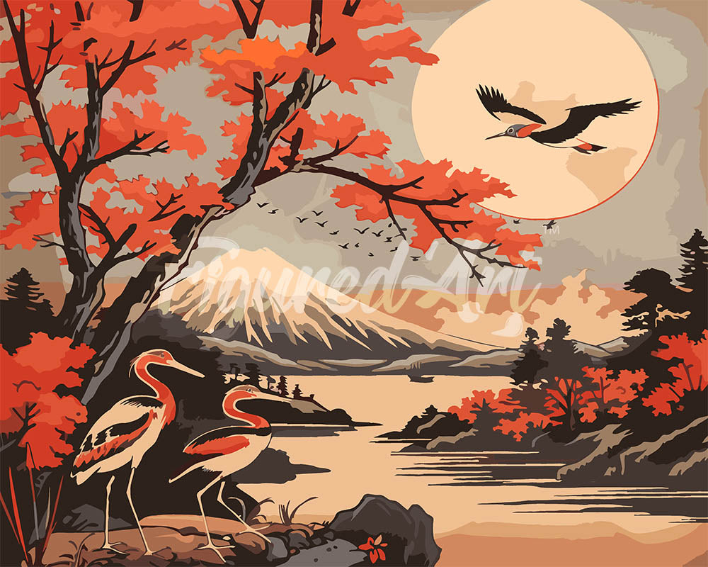 Pintura por números - Grullas y vista del monte Fuji
