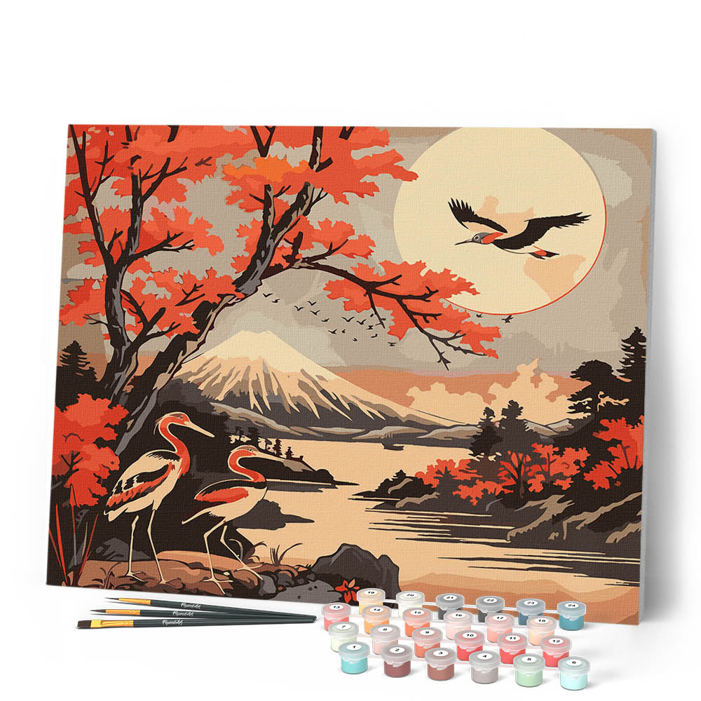 Pintura por números - Grullas y vista del monte Fuji