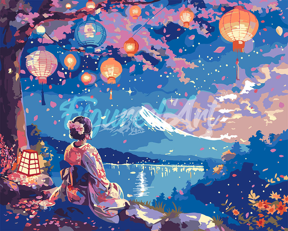 Peinture Par Numéros - Geisha, Lanternes Et Mont Fuji