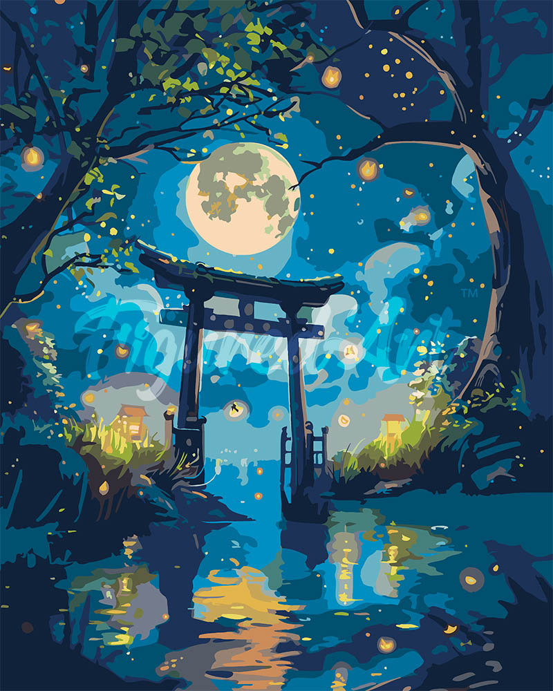 Paint By Numbers - Torii In The Moonlight And Fireflies