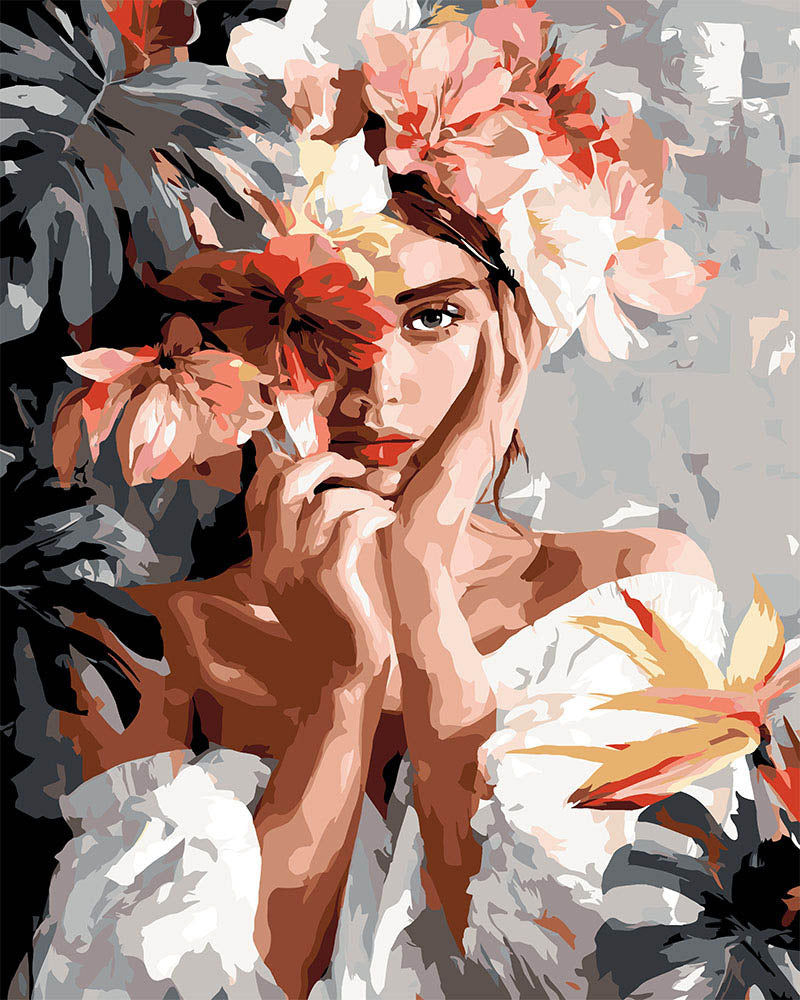 Pintura por números - Retrato de joven con flores