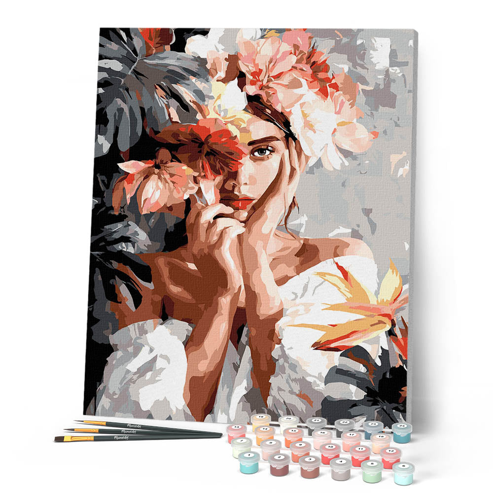 Pintura por números - Retrato de joven con flores