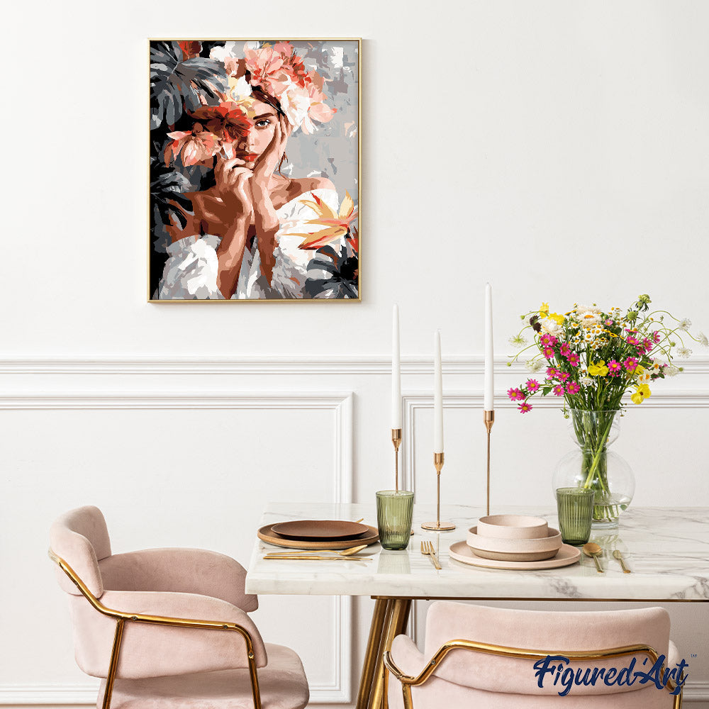 Pintura por números - Retrato de joven con flores