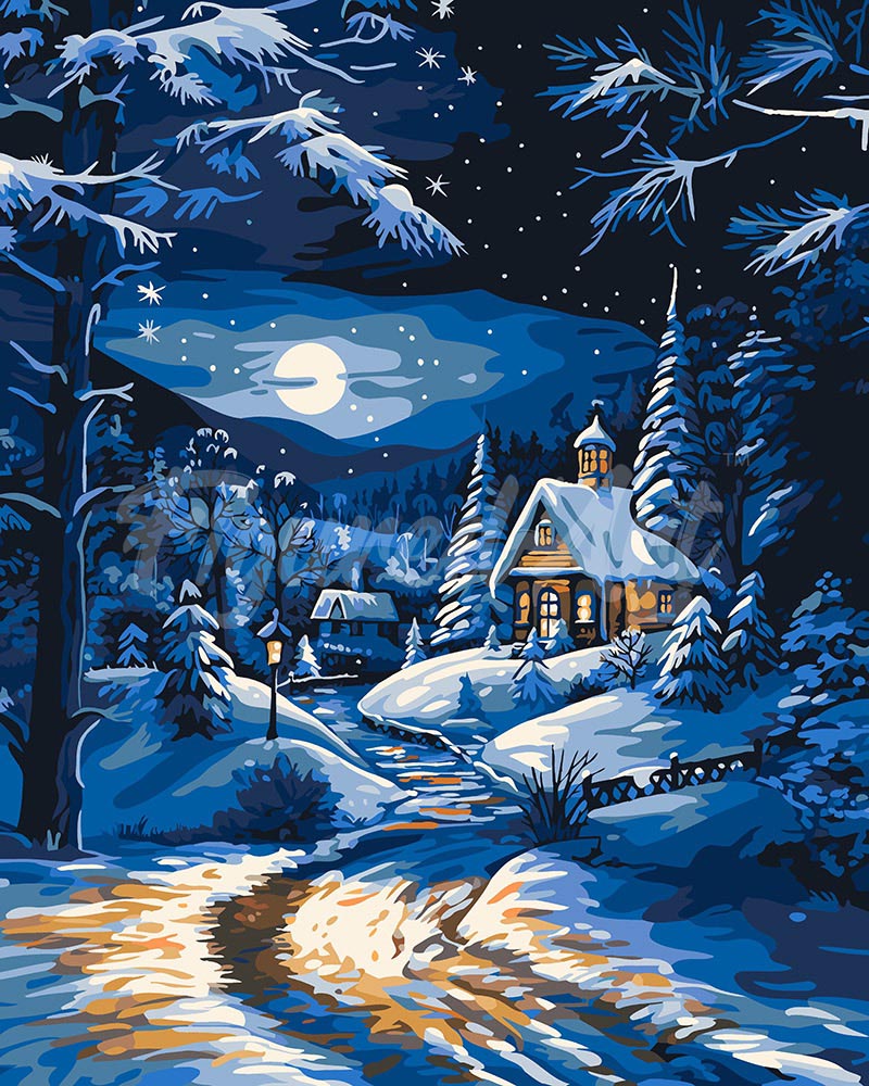Pintura por números - Cabaña de invierno a la luz de la luna