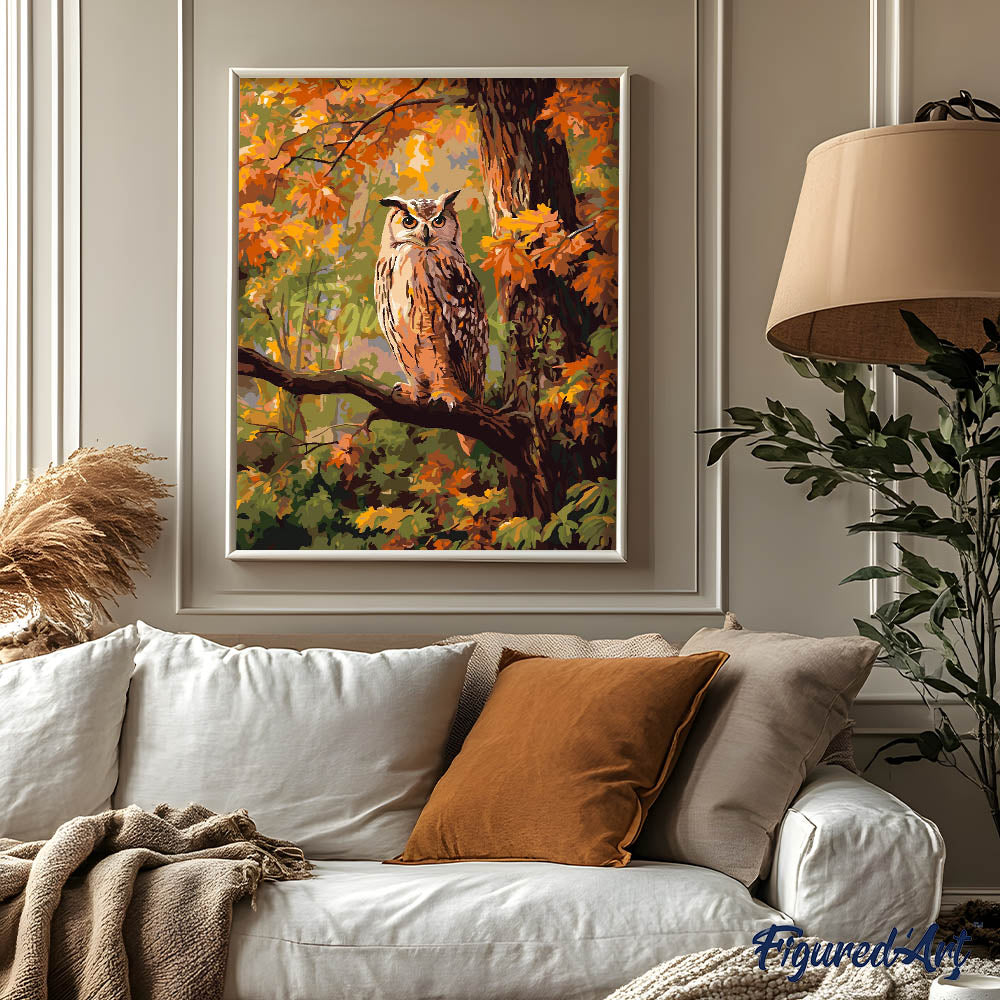 Peinture Par Numéros - Hibou Parmi Les Feuilles Dorées