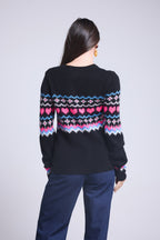 Jersey de cuello redondo montaña corazón Fanny - Negro rosa blanco - Mujer
