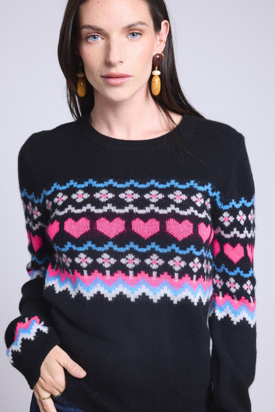 Jersey de cuello redondo montaña corazón Fanny - Negro rosa blanco - Mujer