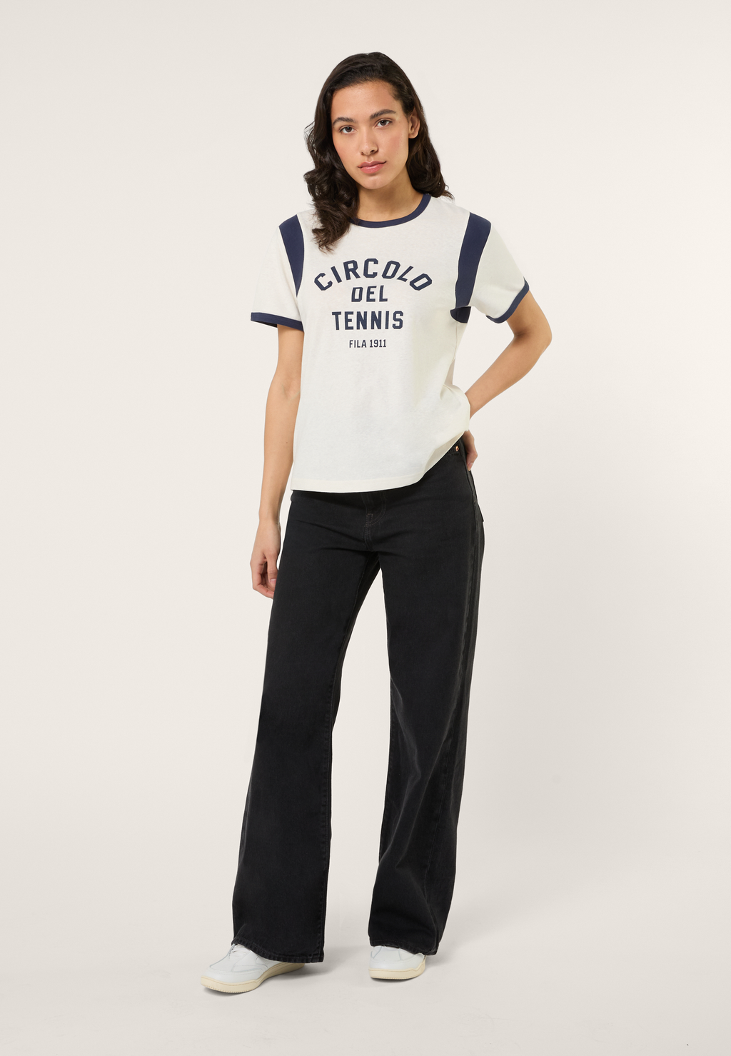 Ringer T-Shirt With Casual Print - Aigrette-Iris Black