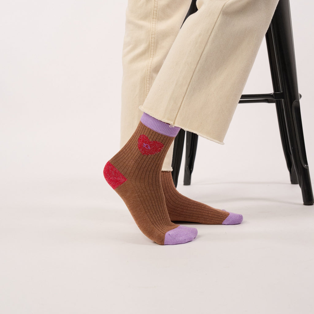 Calcetines de algodón peinado Corazón - Marrón y rojo