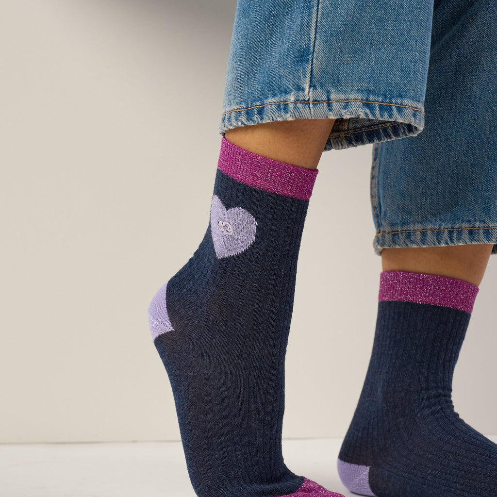 Chaussettes En Coton Peigné Coeur - Marine Et Lilas