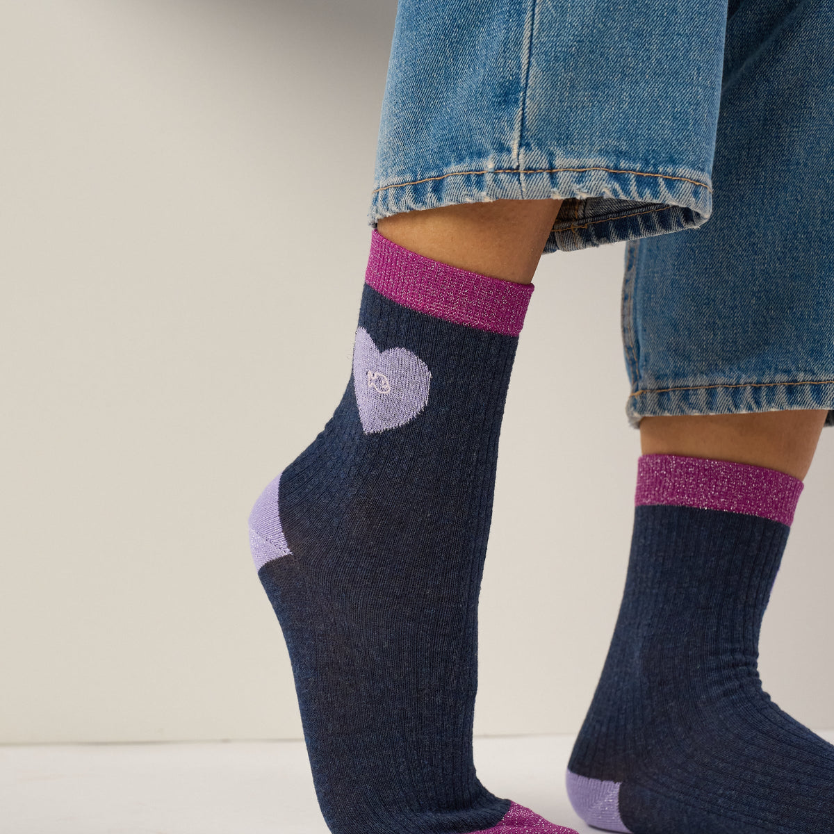 Chaussettes En Coton Peigné Coeur - Marine Et Lilas