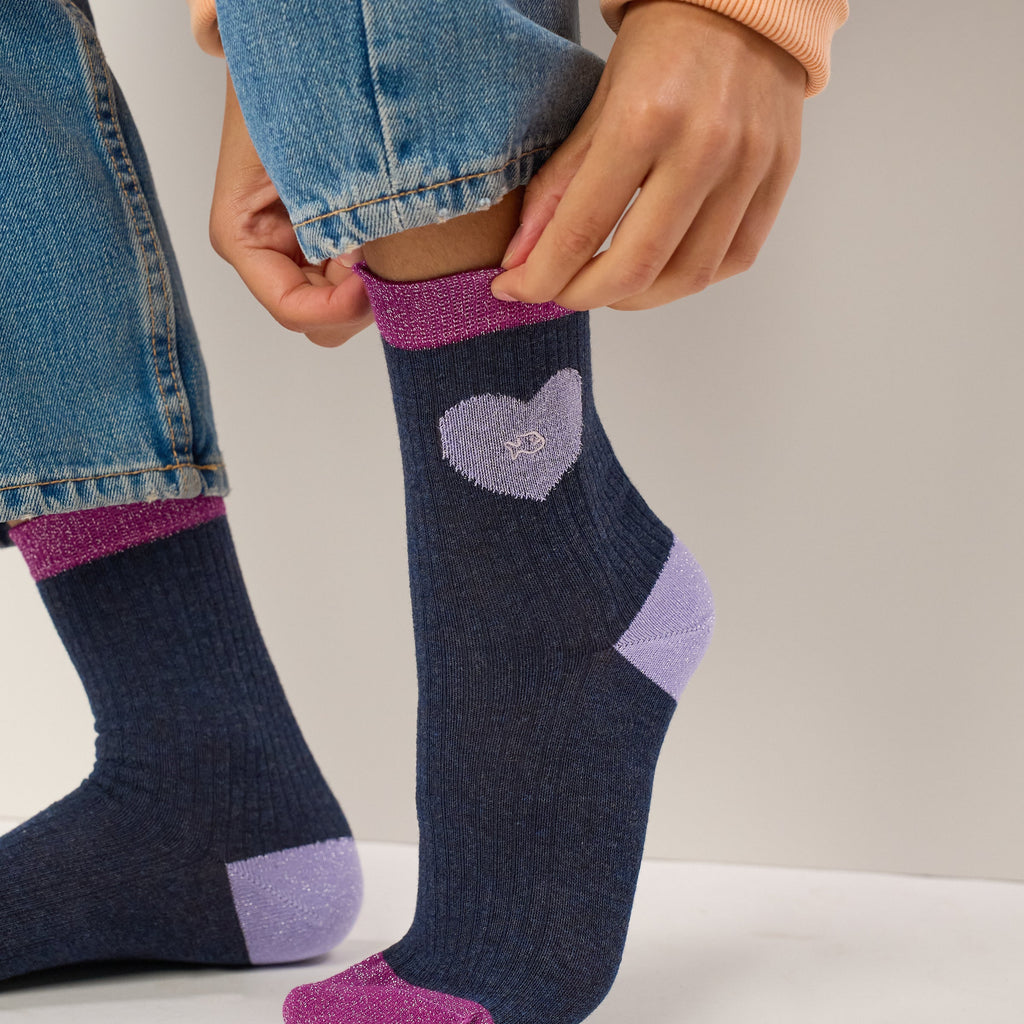 Chaussettes En Coton Peigné Coeur - Marine Et Lilas