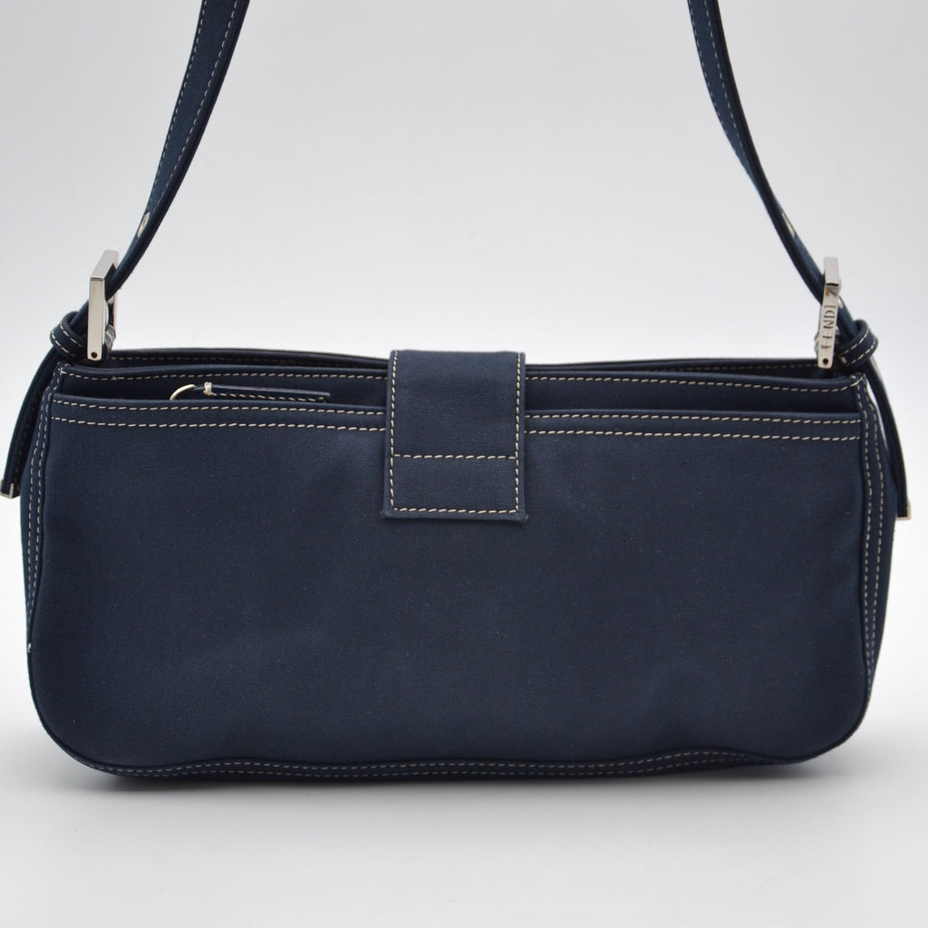 Sac Fendi Baguette Toile Bleu Marine Fermoir Ff Émail Vintage
