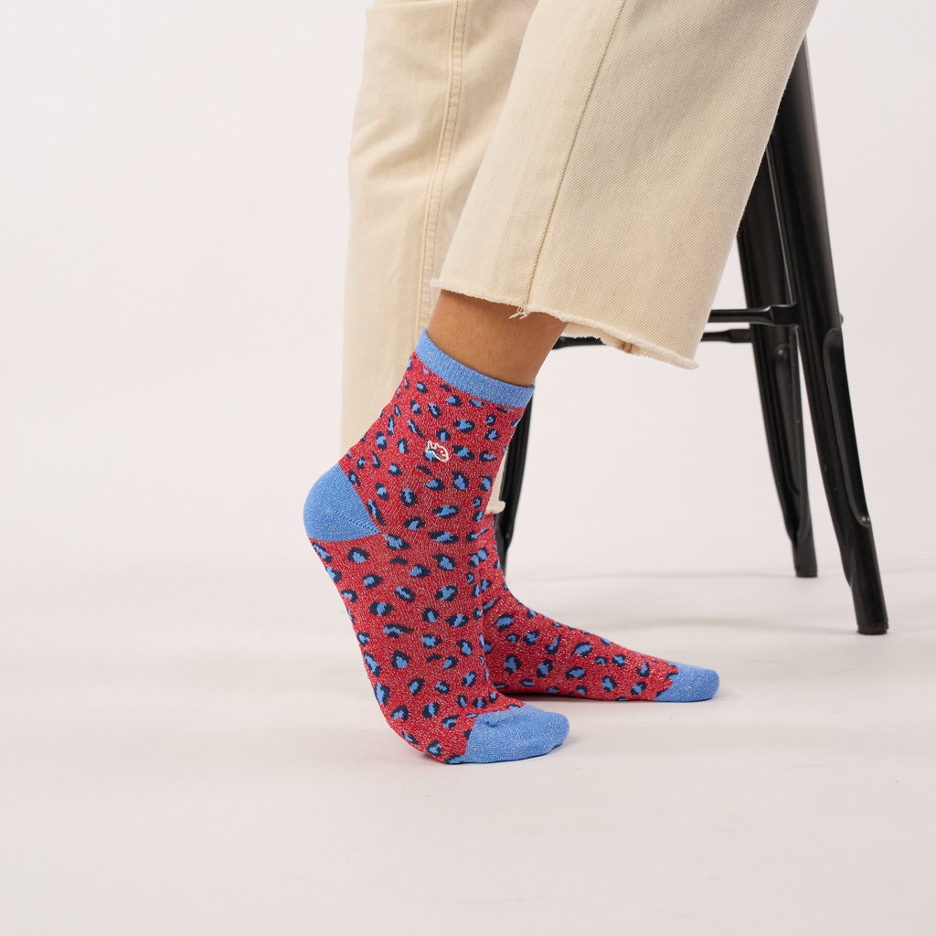 Calcetines con Purpurina de Algodón Peinado Leopardo - Rojo
