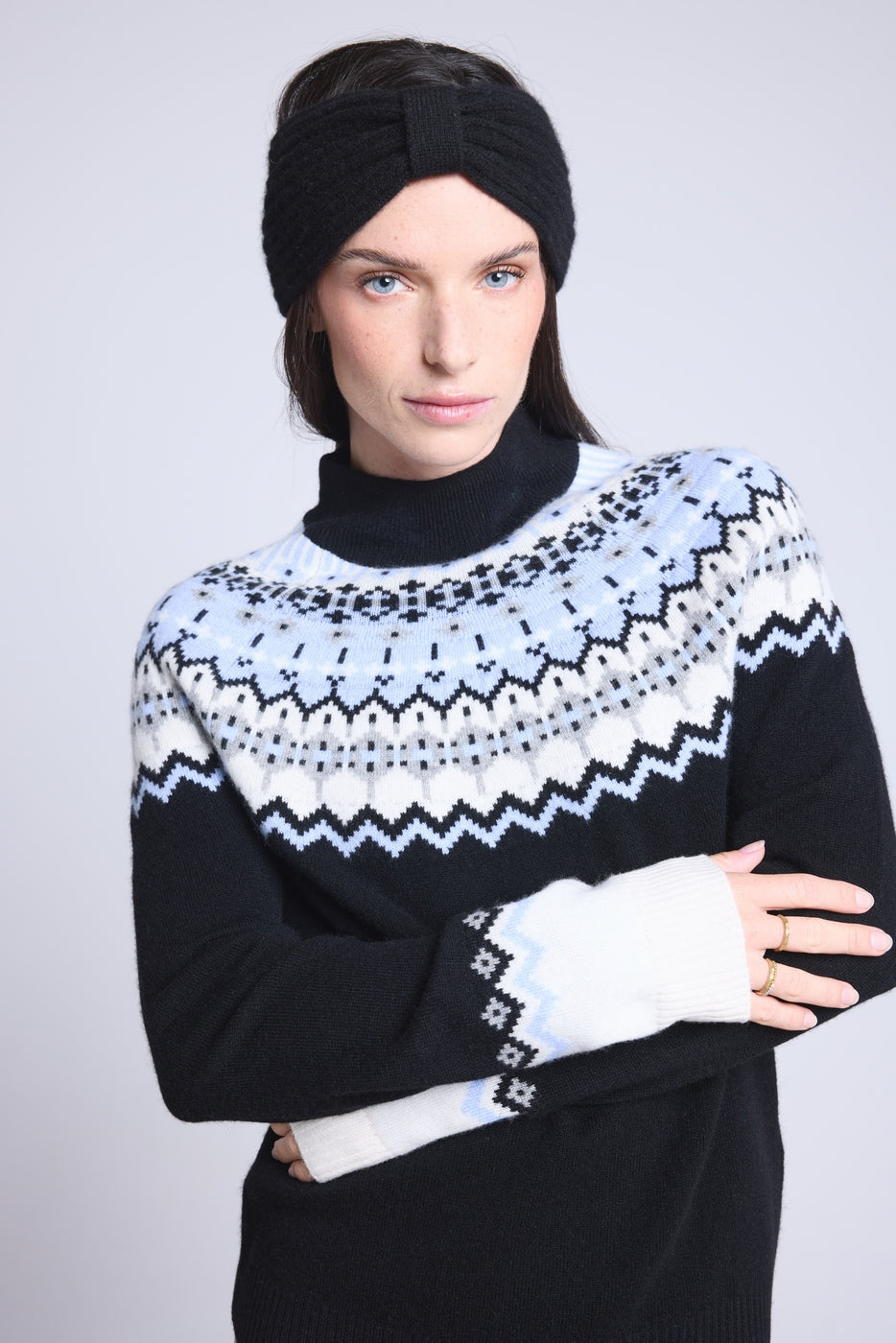 Filippa Mountain High-Neck Jumper - Black White Sky Blue - Women