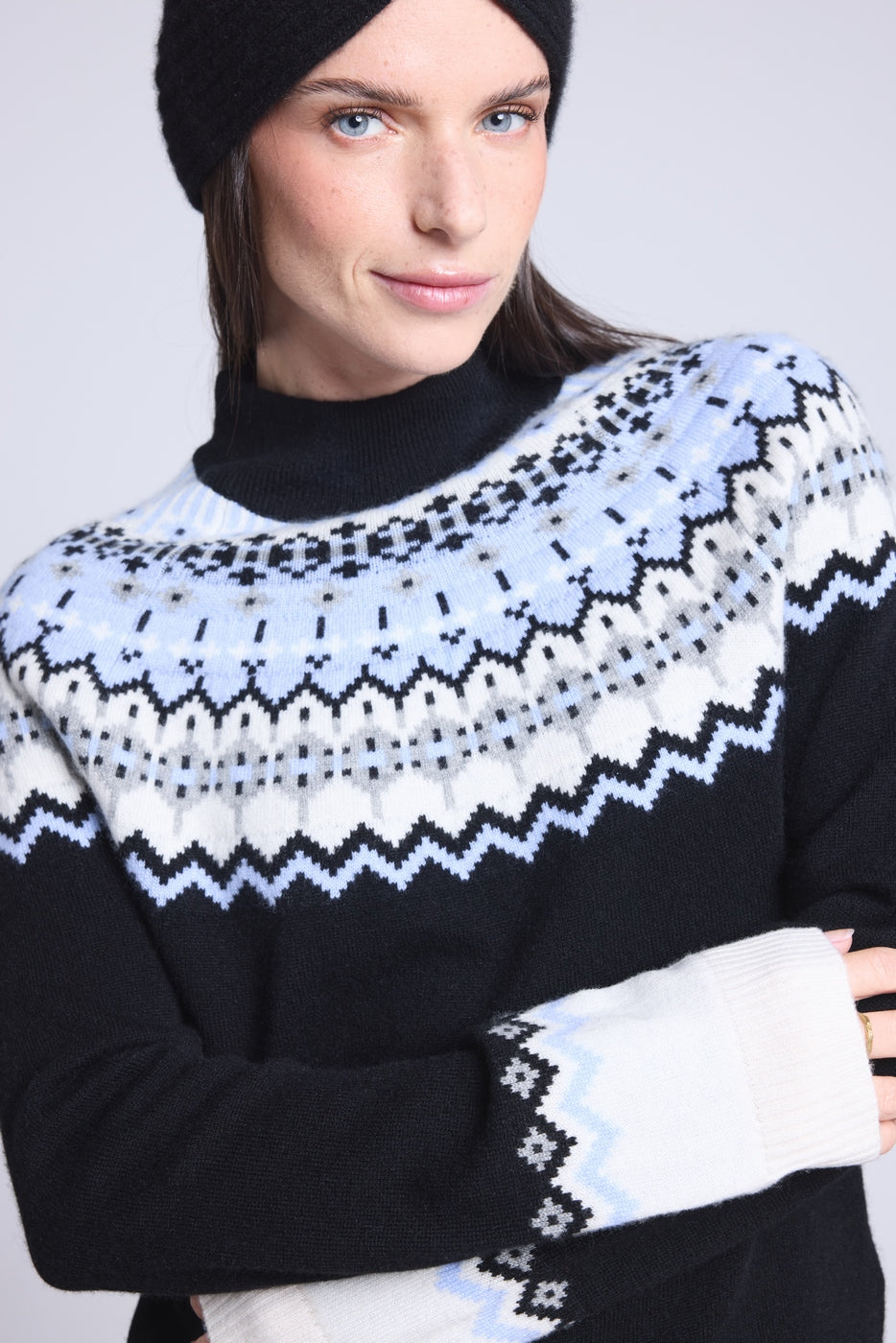 Filippa Mountain High-Neck Jumper - Black White Sky Blue - Women