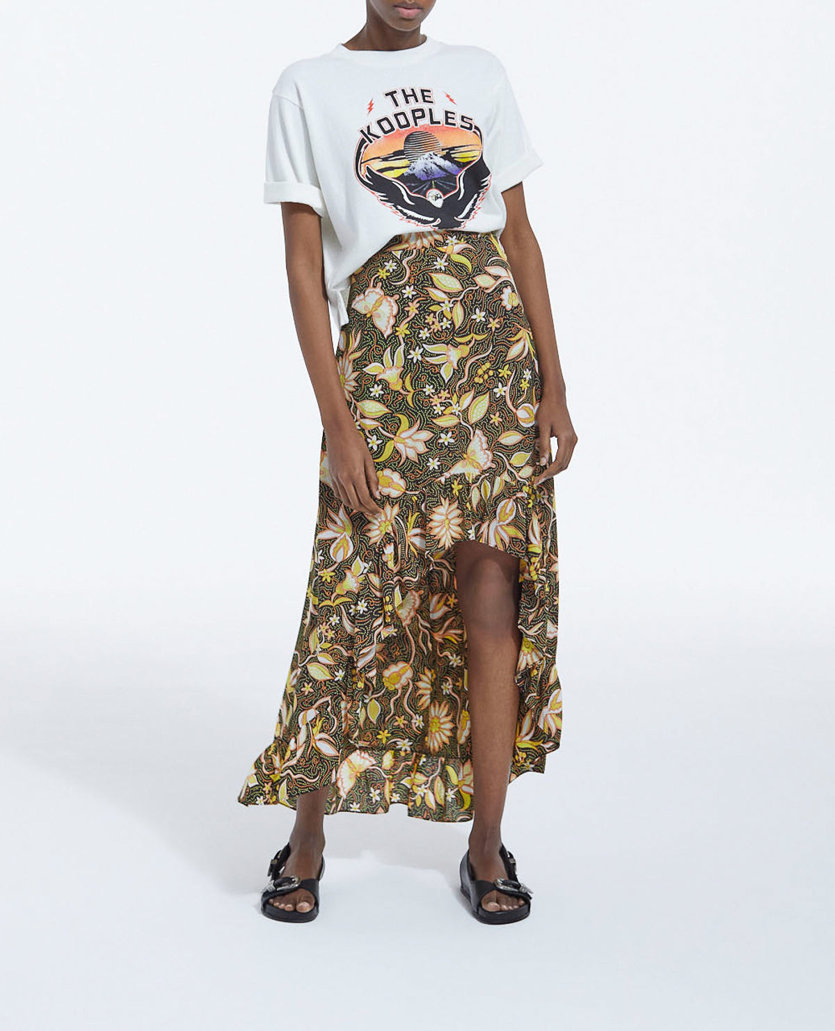 The Kooples - Falda Asimétrica Floral Con Volantes - Negro - Mujer